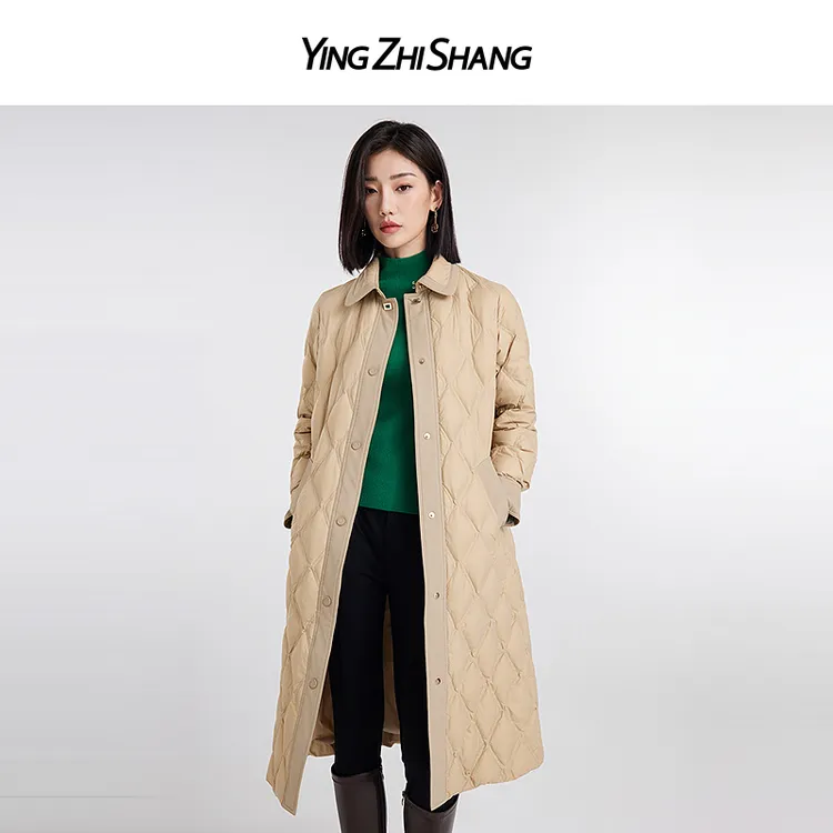 赢智尚羽绒服2024冬季新款绒菱形格纹职场拼接长款外套ZR00077