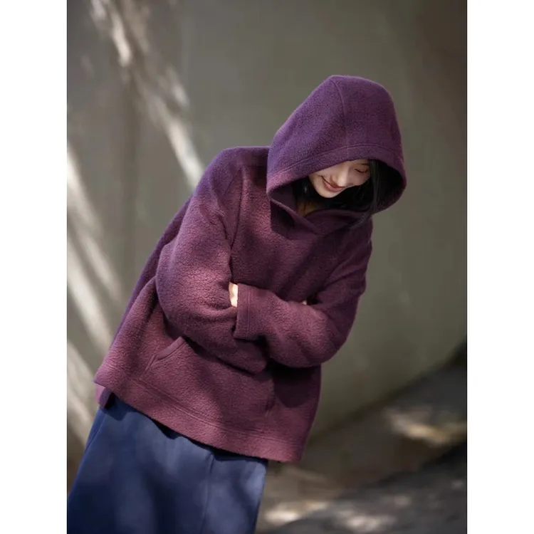 【和煦】冬款西梅紫摇粒绒休闲时尚百搭保暖女士加厚连帽卫衣10105