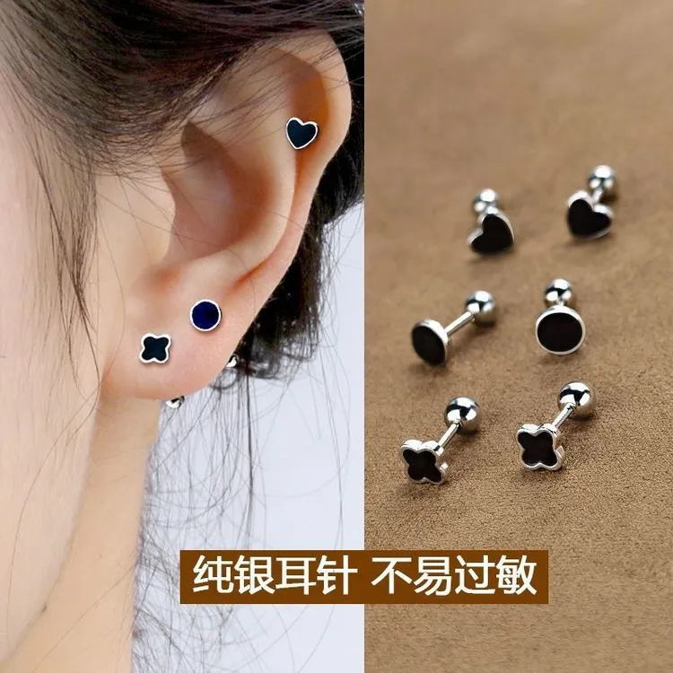 s925银四叶草耳钉女爱心圆形螺丝拧扣耳环小众设计睡觉免摘耳骨钉