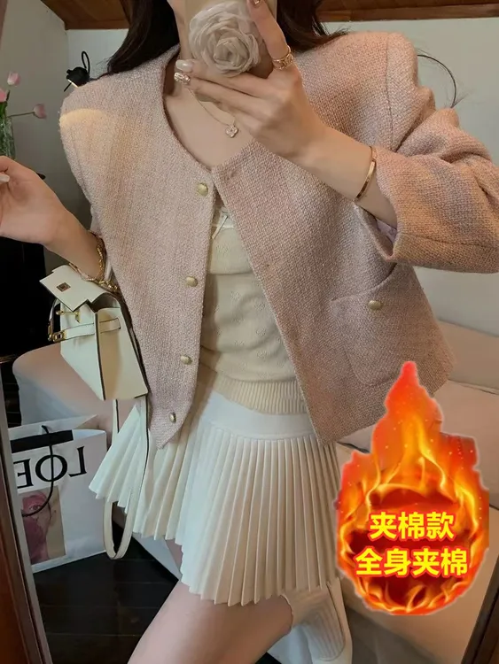 加棉小香风少女外套女款气质高级感春秋爆短款2025女士外套冬圆领