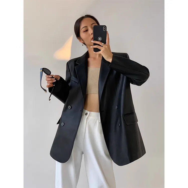 黑色皮衣外套女2025年秋冬季新款韩版宽松西装复古高级设计感西服