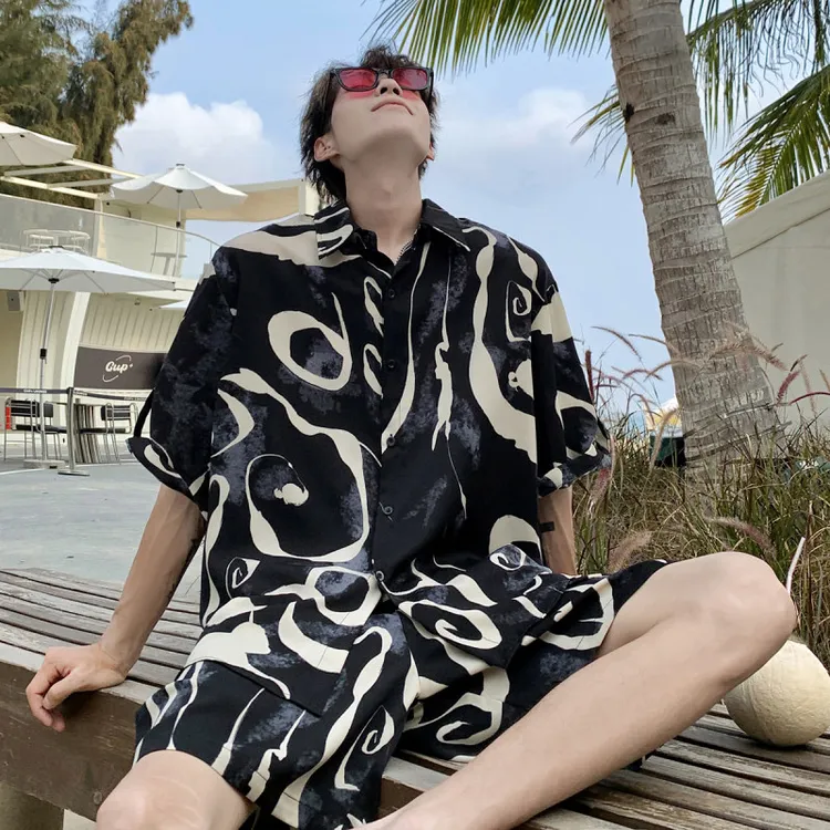 网红冰丝套装男士大码2025夏季宽松潮流爆款时尚衬衣痞帅高级感