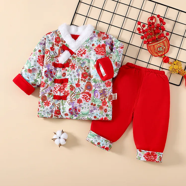 女宝抓周外出服两件套国风大红喜庆小童套装儿童周岁礼服拜年服