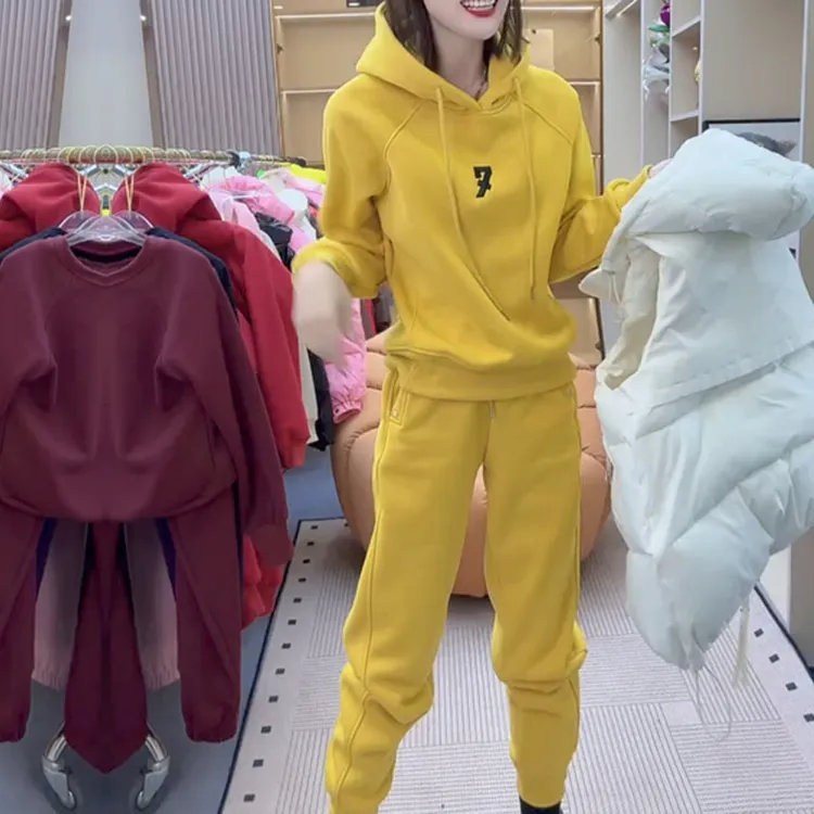 网红款时尚连帽数字加绒加厚卫衣小脚裤两件套2024女冬装新款气质