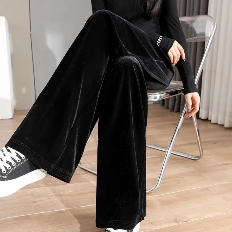 大码黑色金丝绒阔腿裤女高腰高级金丝绒女裤子2024新款加绒直筒裤