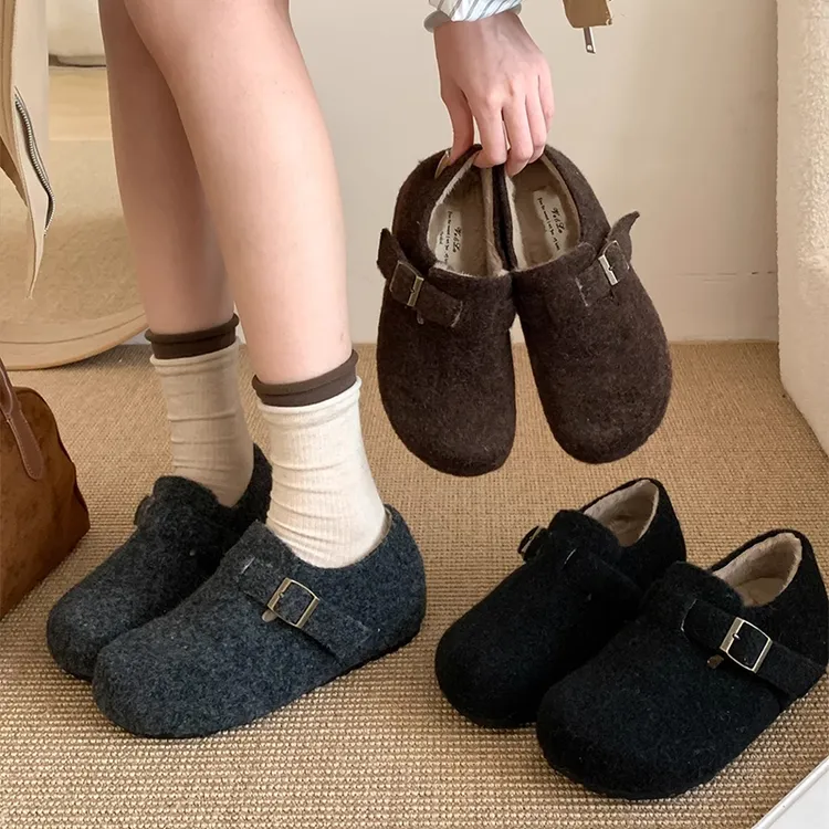 【天天粉丝专享】毛呢加绒版全包内增高勃肯鞋女款秋冬加绒保暖棉鞋