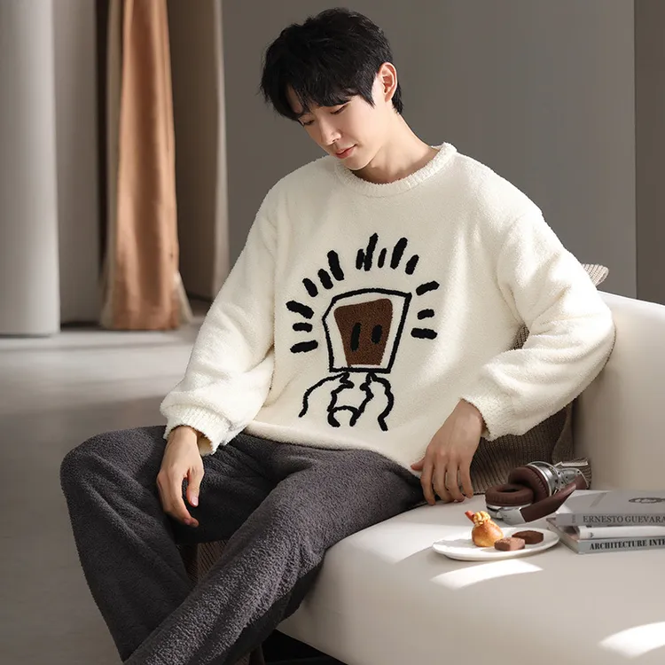 2025新款男士睡衣秋冬款加厚保暖半边绒休闲青少年男生家居服套装