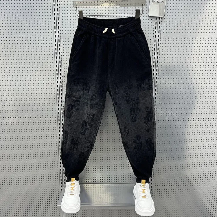 秋季雪尼尔渐变色字母印花休闲裤潮牌潮流百搭弹力小脚男款休闲裤