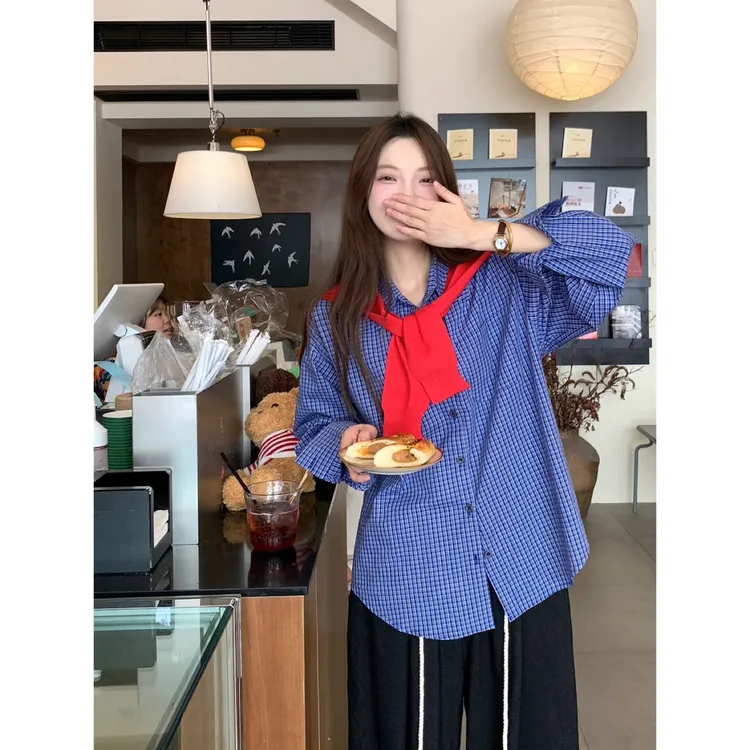 早秋复古蓝白格纹宽松慵懒感长袖衬衫