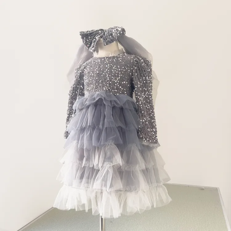 女童网红千金风亮片长袖连衣裙带头纱2024年秋季新款小女孩5裙子4