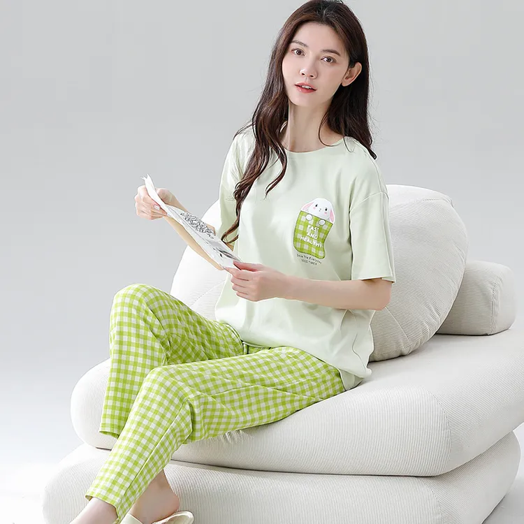 100%全棉短袖长裤睡衣家居服女夏季可外穿简约格子套装纯棉舒适