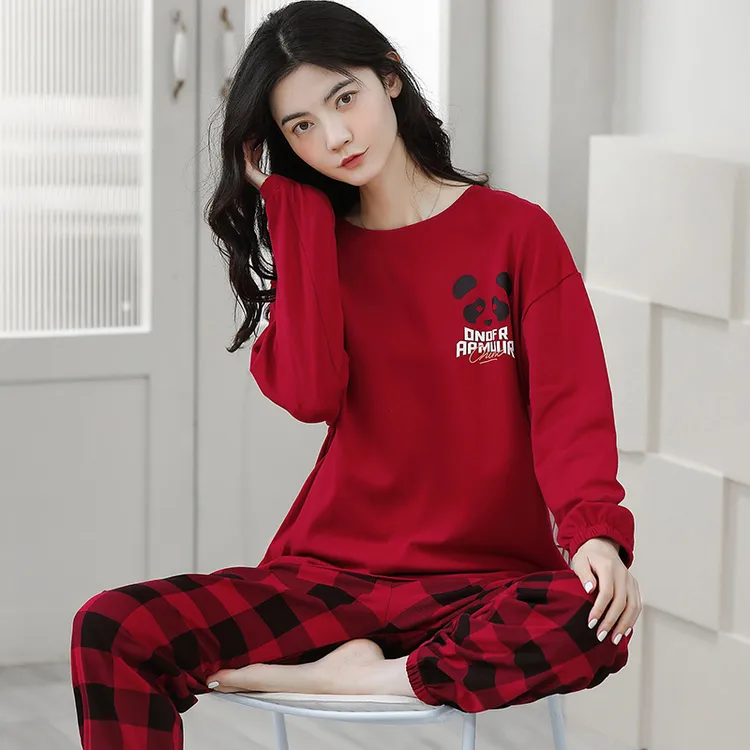 100%纯棉加厚秋冬保暖长袖睡衣女可外穿百搭简约甜美风舒适家居服