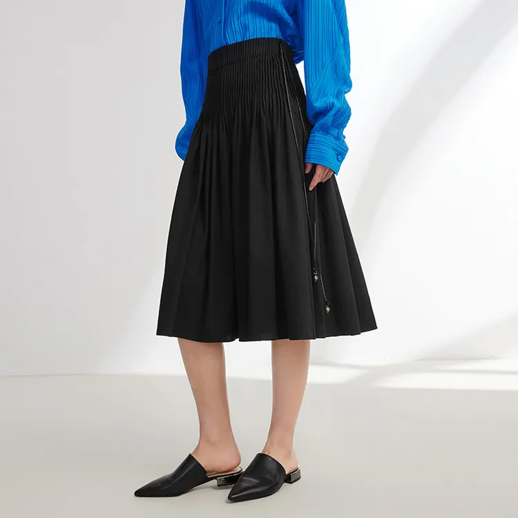 【蓝标】EP YAYING雅莹女装 纯棉A字伞摆压褶半身裙  3416A