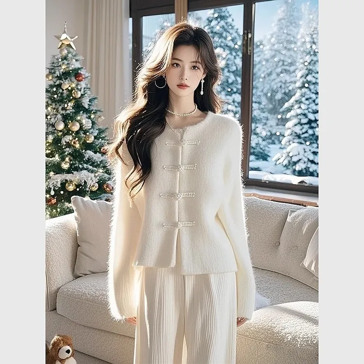 富家千金小香风新中式国风盘扣女装白色毛衣套装裤女2024新款秋冬