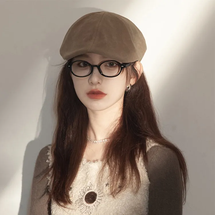 黑色前进帽美式复古大头围帽子秋冬季麂皮绒加深贝雷帽女款鸭舌帽