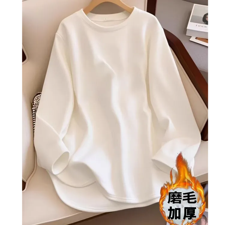 秋冬新款不规则加厚磨毛T恤女宽松显瘦遮屁股中长款保暖内搭上衣