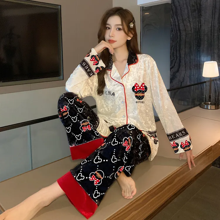 金丝绒睡衣女春秋季2023年新款长袖可爱卡通秋冬家居服套装可外穿