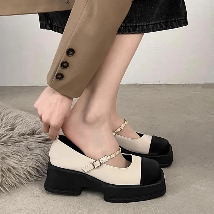 小香风方头玛丽珍小皮鞋女2024春秋夏厚底粗跟高跟拼色乐福鞋单鞋