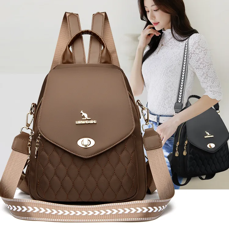 威森袋鼠2024女士双肩包新款韩版大容量百搭背包时尚绣线旅行女包