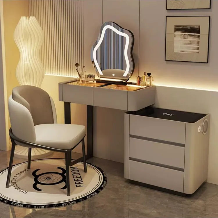 实木智能梳妆台卧室简喲化妆台化妆桌奶油风2024新款桌