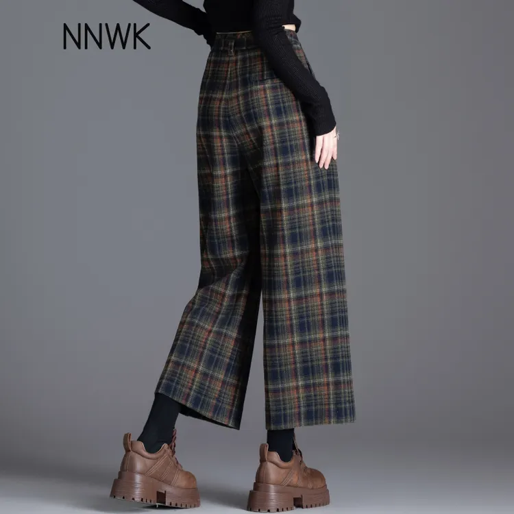 小个子秋冬格子裤女2025新款阔腿毛呢裤爆款复古格纹休闲九分裤子
