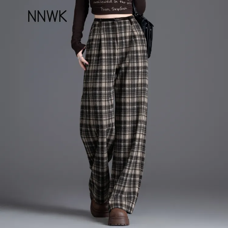复古毛呢裤2025新款阔腿裤女秋冬加绒加厚格子裤宽松高腰休闲裤女