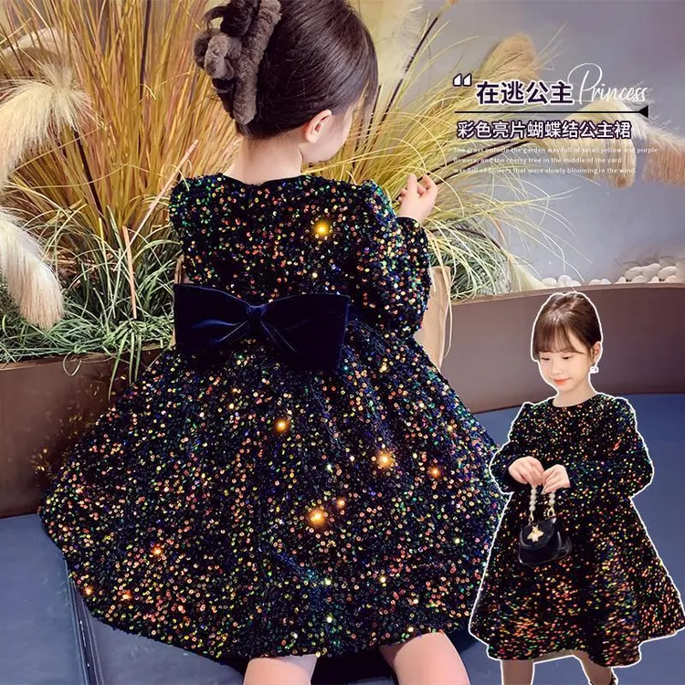 女童加绒亮片蝴蝶结公主裙2024秋冬新款儿童洋气礼服演出时髦裙子