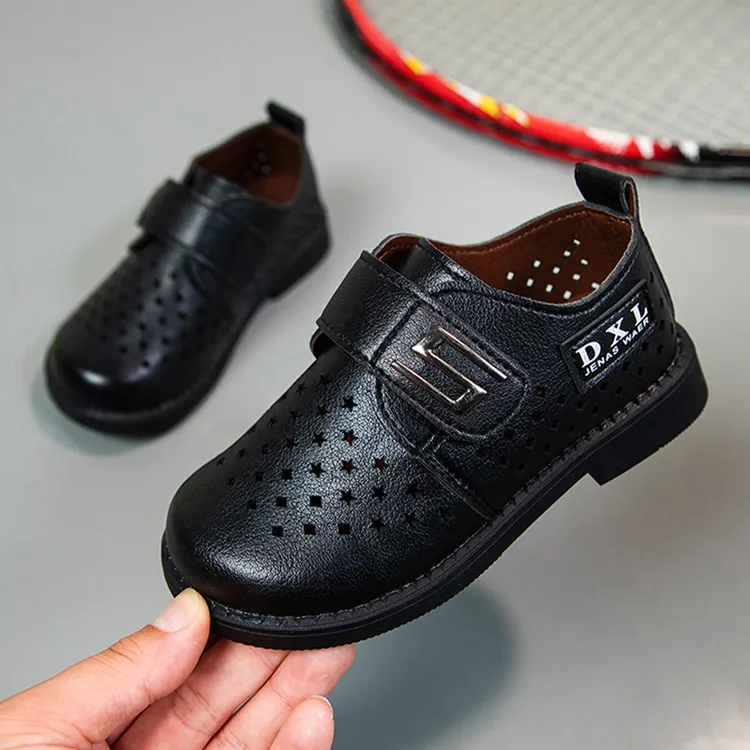 儿童皮鞋黑色男童夏季透气镂空防滑软底中大童校园表演演出鞋男孩