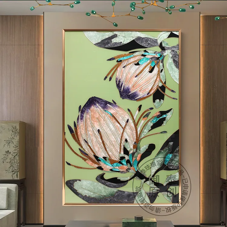 现代纯手工珐琅彩装饰画帝王花客厅玄关挂画植物花卉轻奢镶钻挂画