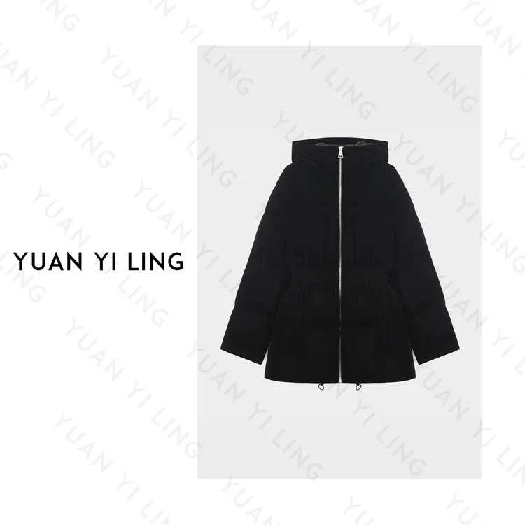 袁艺灵【拉达系列】24冬款时尚收腰黑色丝绒立领连帽女鹅绒服