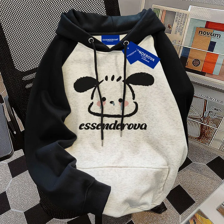 小众复古韩版简约狗狗印花连帽拼接卫衣女秋冬季加绒宽松情侣上衣