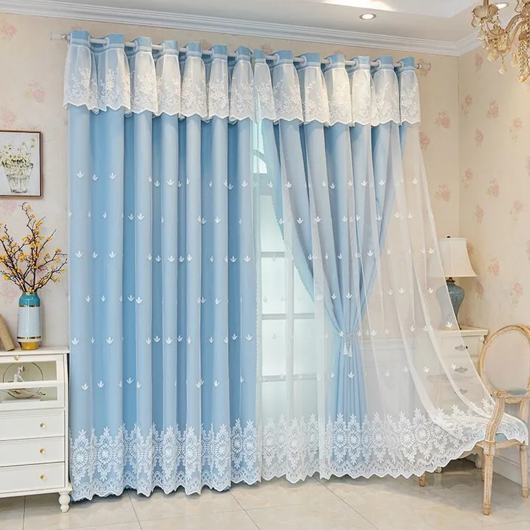 双层温馨带纱窗帘家居新款飘窗法式女生房间蕾丝挂钩式全遮光卧室