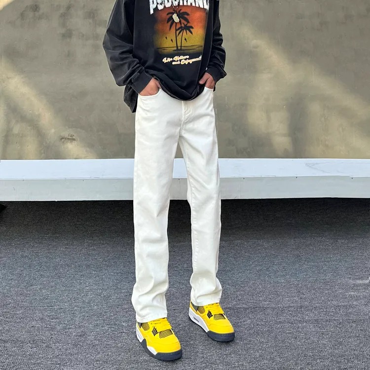 cleanfit显瘦白色牛仔裤男款2025秋季百搭欧若风修身弹力直筒长裤