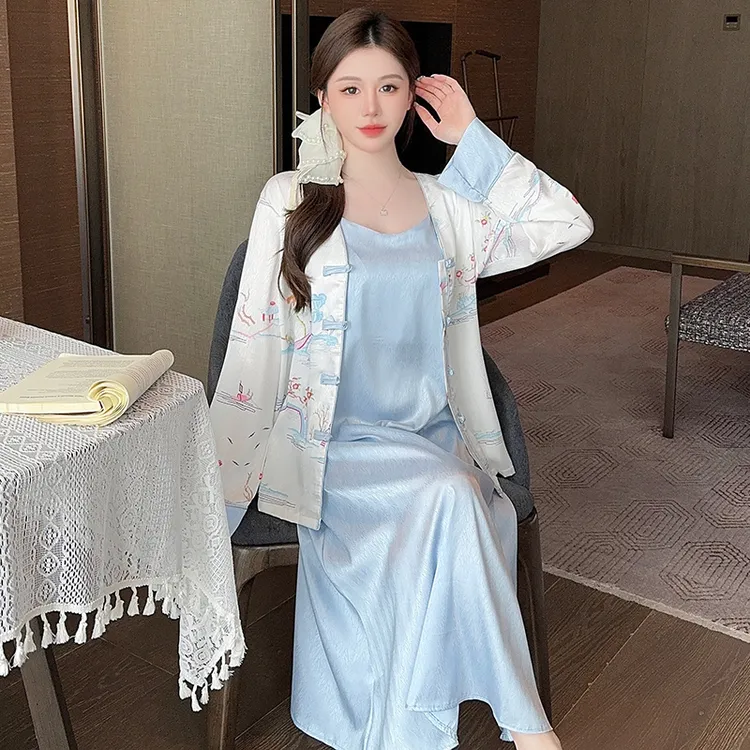 冰丝性感睡衣女秋冬季2024年新款国风带胸垫高级吊带睡裙家居服