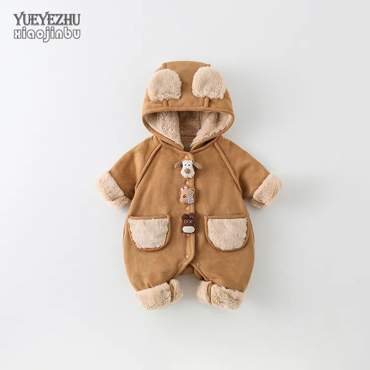 男宝宝仿皮毛一体衣服冬季婴儿加绒连体衣冬装洋气连帽外套新生儿