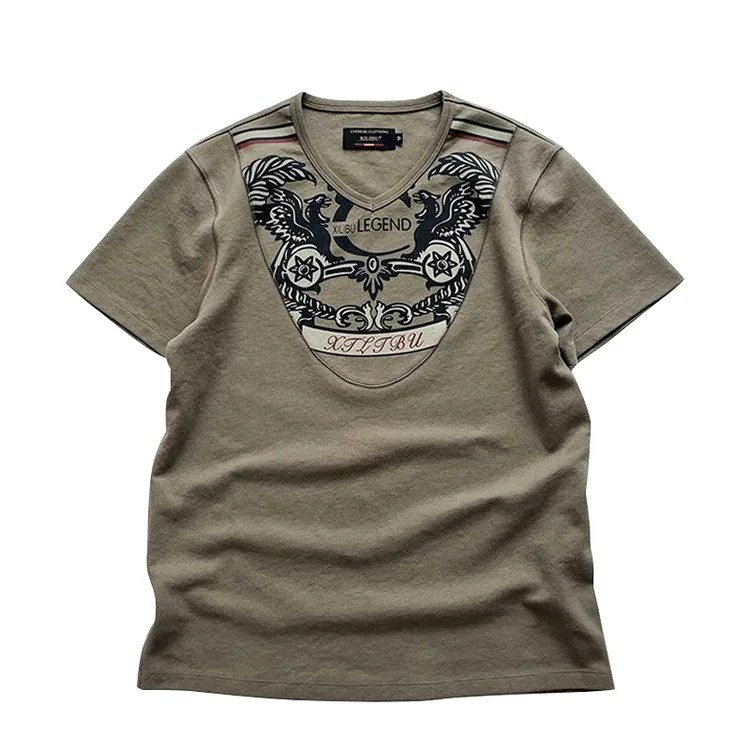 西里布B028纯棉印花半袖V领美式咔叽复古休闲重磅男士短袖高品质