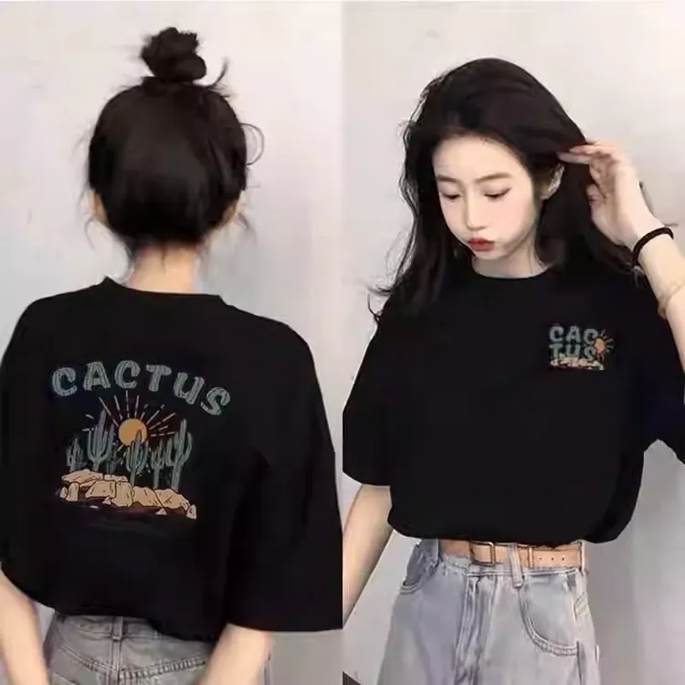网红纯棉黑色短袖t恤女夏季新款休闲衣服宽松圆领上衣中长款潮流