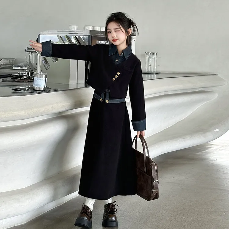 女童春装6-12岁牛仔假两件外套套装15岁气质时尚春秋女孩中大童