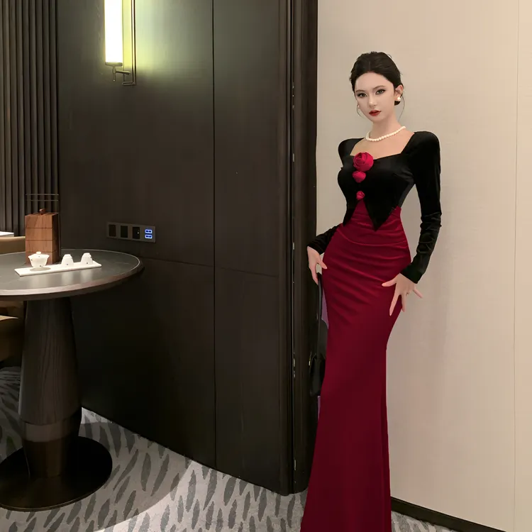 纯欲风秋冬时尚复古立体花撞色拼接性感辣妹假两件显瘦包臀连衣裙