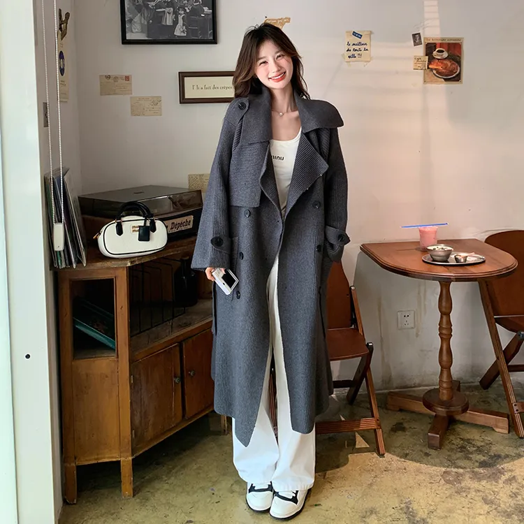 深灰色设计感英伦风保暖宽松显瘦针织毛衣女秋冬2024新款长款大衣