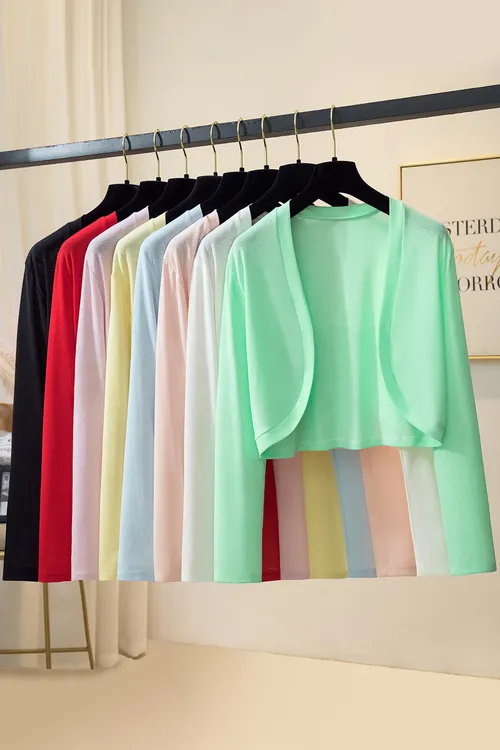 夏季冰丝防晒开衫短款针织螺纹白色女薄款吊带裙外搭薄纱外套披肩