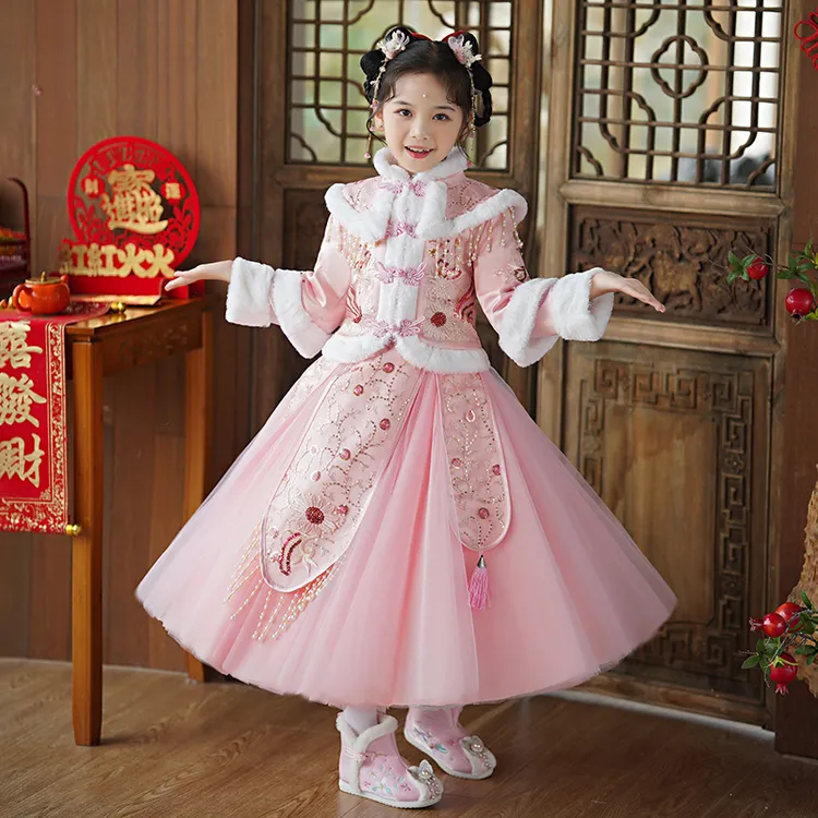 女童冬款中国风拜年服小女孩古风加绒加厚唐装超仙洋气儿童套装裙