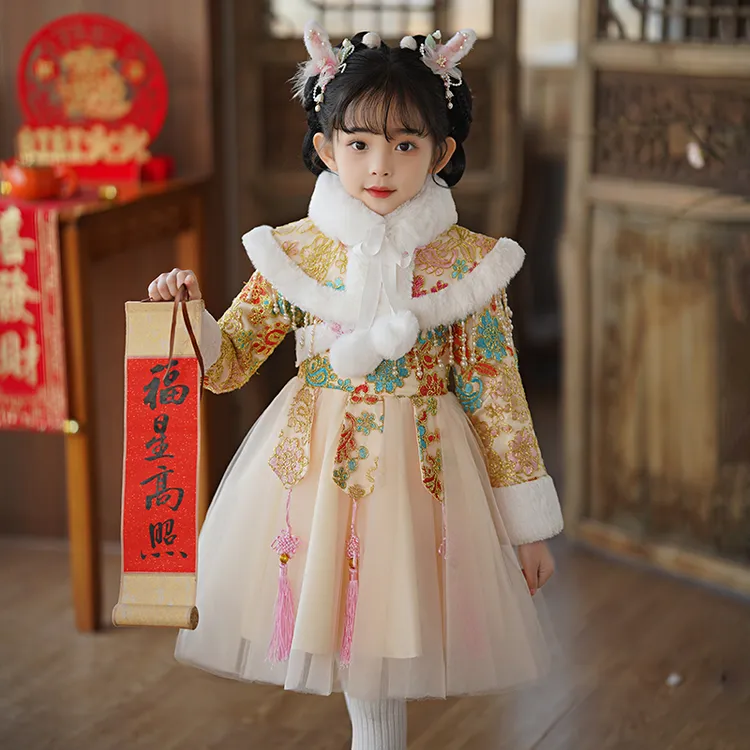 女童中国风唐装旗袍连衣裙女宝宝冬季加绒拜年服小女孩国风年服裙