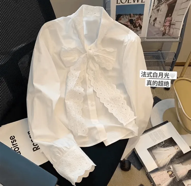 蝴蝶结蕾丝花边长袖衬衫女款2026春秋爆款法式高级感百搭外穿上衣