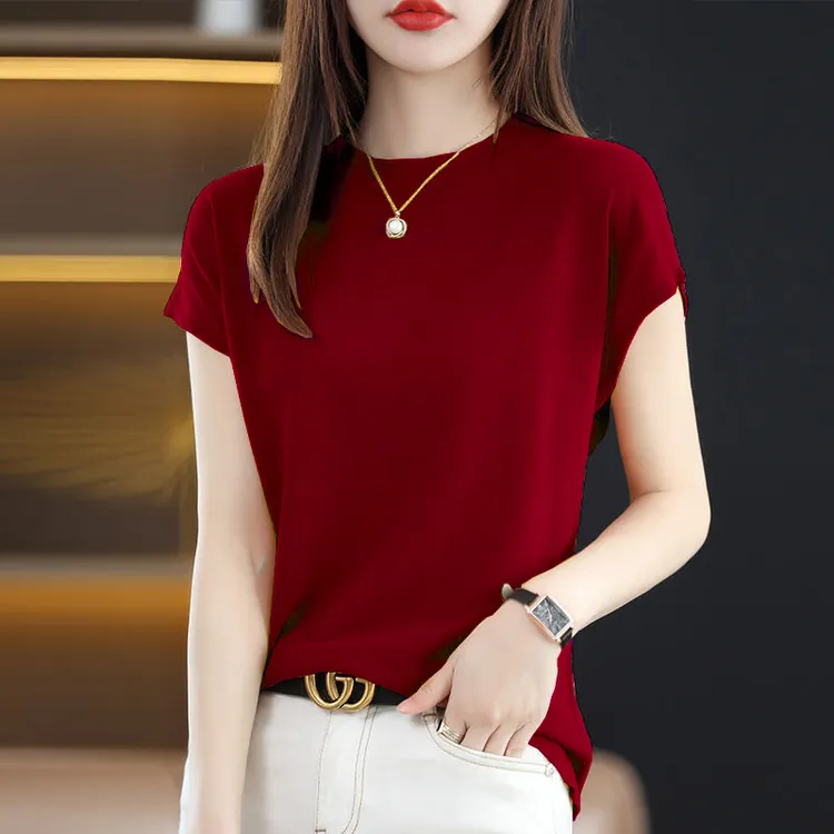 2025夏季冰丝薄款宽松显瘦T恤针织短袖女半高领百搭圆领气质上衣