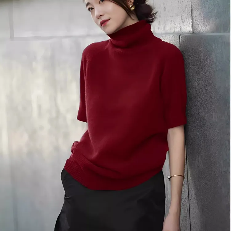 欧货高领中袖毛衣女春秋安哥拉红打底衫洋气2025新款五分袖针织衫