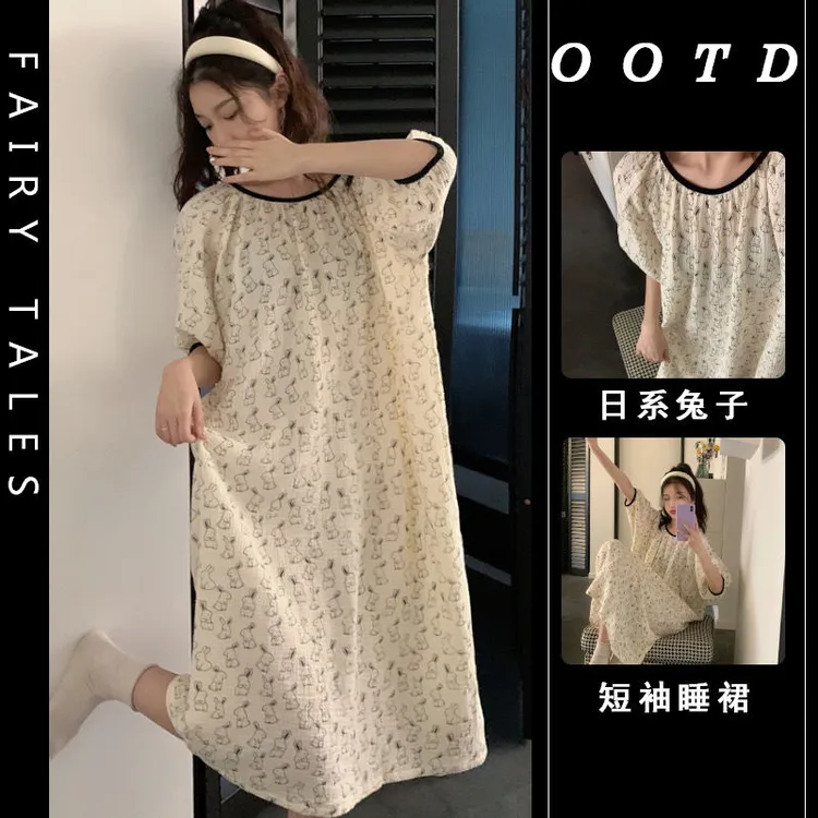 兔子夏季短袖睡裙女款网红爆款2024新款卡通可爱五分袖睡衣家居服