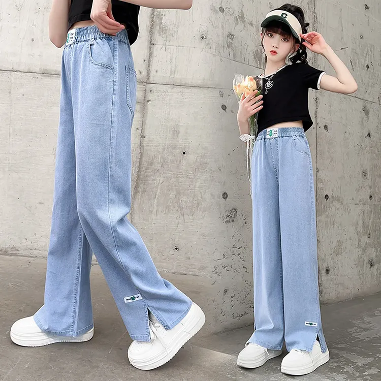 儿童洋气高腰直筒薄款牛仔裤女童夏季休闲宽松裤子中大童天丝微弹