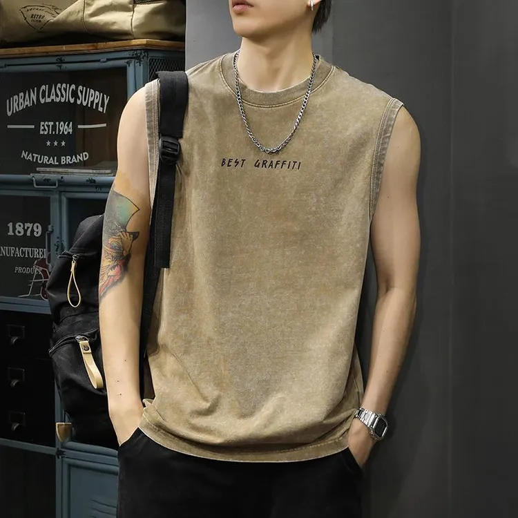 美式复古水洗砍袖背心男夏季纯棉篮球运动坎肩ins宽松潮牌无袖t恤