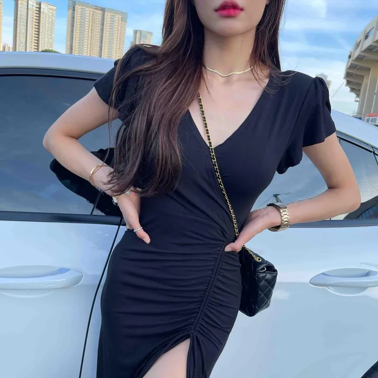 新抽绳开叉连衣裙女气质包臀收腰夏季2025夏天高冷御姐长裙裙子